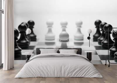 Black chess king leading white pawns on chessboardstrategy and competition symbolized Wall mural