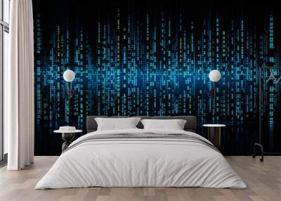 Blue binary code on dark backdrop, representing information technology and digital data transmission Wall mural