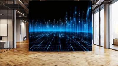 Blue binary code symbolizing information technology in a digital setting on a dark background Wall mural