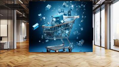 Blue e commerce transition on silver pixelated background with shopping cart designs Wall mural