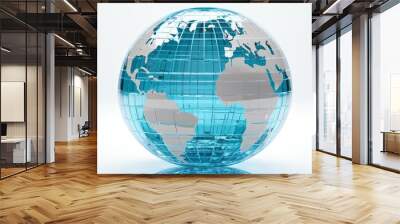 Blue glass globe surrounded by data blocks and tech elements illustrating global network concept Wall mural