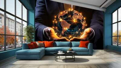 Businessman presenting a digital globe with global networks and technology icons on dark background Wall mural