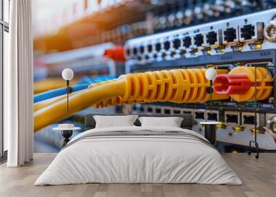 Close up of network cables against fiber optic background showcasing data center infrastructure Wall mural