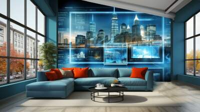 Digital wireframe interface design featuring arrows against a nighttime new york city skyline Wall mural