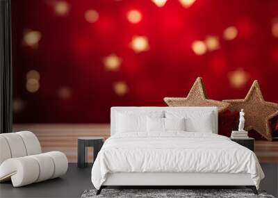 Festive christmas tree adorned with red ornaments and golden stars against a bokeh light background Wall mural