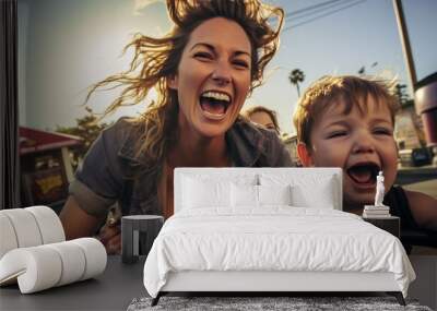 Happy family on rollercoaster at amusement park, experiencing excitement and joy Wall mural