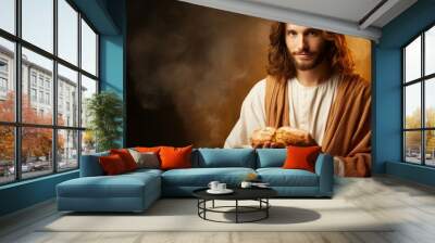 Jesus holding bread, symbolic communion in misty setting for spiritual significance Wall mural