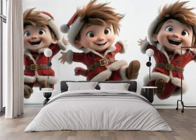 Joyful 3d cartoon child boys in red santa claus costumes dancing and having fun on white background Wall mural