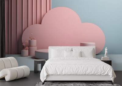 Minimalist cloud podium on blue sky 3d product display with abstract design and smoke effects Wall mural