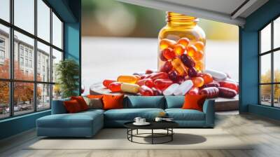 Nutrient pill health concept with vitamin supplements from fruits, vegetables, nuts, and beans Wall mural