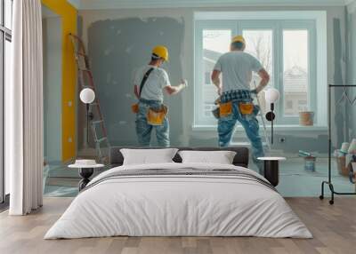 Professional renovation workers painting light gray walls in modern living room of new house Wall mural