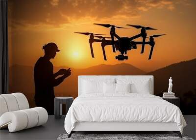 Silhouette of a soldier operating drones for tactical combat and reconnaissance missions Wall mural