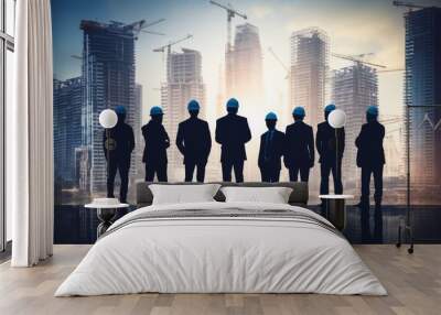 Silhouettes of engineers and construction team collaborating at a job site with blurred background Wall mural