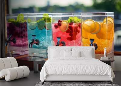 Summer cool fruit juice dispenser for refreshing chilled drinks in multi colored containers Wall mural