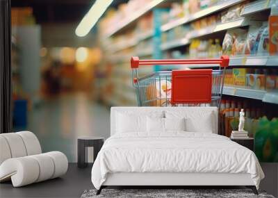 Supermarket aisle with shopping cart, shelves, interior defocused blur background Wall mural