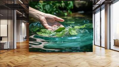 Symbolic conservation  hand touching green river water, nature preservation gesture Wall mural