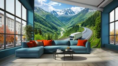 White cargo truck with empty trailer driving on highway through scenic mountains Wall mural