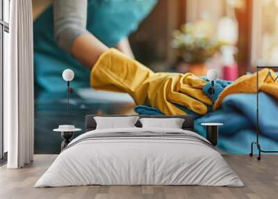 Woman cleaning table with gloves and spray, professional housewife tidying home and office Wall mural