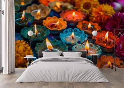 Lots of colorful burning candles. Oil lamps. Diwali festival. Indian festival of lights. Wall mural