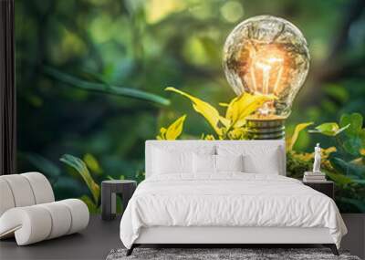 The concept of green energy, ecology, environmental protection. The light bulb glows in the grass. Green plants, leaves, moss, forest. Green energy, renewable energy. Wall mural