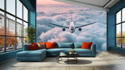 The plane flies above the clouds. Flight above the clouds. Sunrise. Traveling by airplane. Light pink and yellow sky, clouds. Wall mural