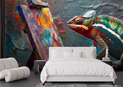 A chameleon as a painter with a color palette Wall mural