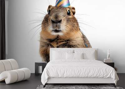 A cute, furry rodent wearing a festive party hat, looking at the camera with a surprised expression. Wall mural