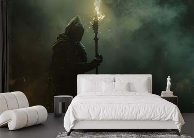 A dark sorcerer with a staff of shadows Wall mural