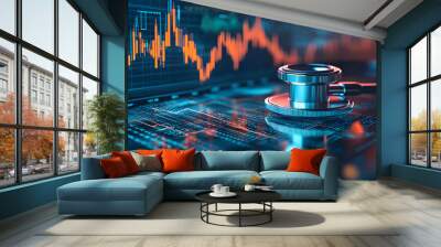 A modern stethoscope placed on a digital graph, symbolizing health data analysis and financial healthcare trends. Wall mural