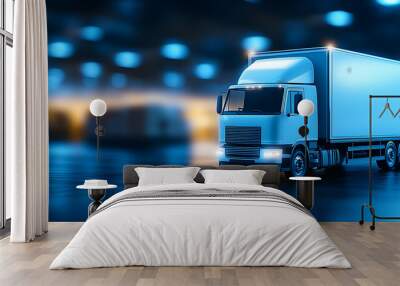 A modern truck parked in a warehouse with soft blue lighting creating a sleek and professional atmosphere. Wall mural