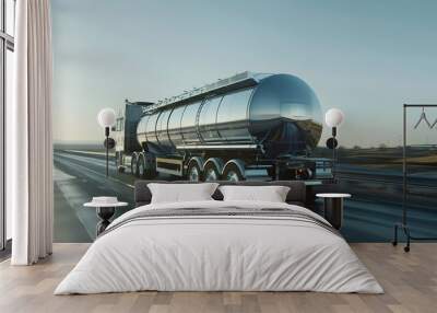 A tanker truck transporting liquids on a long highway, shining in the sunlight, showcasing transportation and logistics on an open road. Wall mural