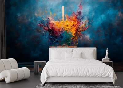 A vibrant artwork on an easel bursts with colorful paint splashes against a blue background, evoking creativity and imagination. Wall mural