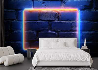 A vibrant neon frame glowing against a textured brick wall, perfect for advertisements and creative displays. Wall mural