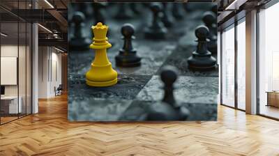 A yellow chess king stands prominently among black pieces on a chessboard, symbolizing leadership and uniqueness in strategy. Wall mural