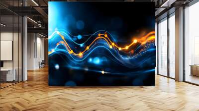 Abstract digital waves with blue and orange lights on a dark background. Wall mural