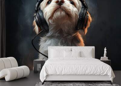 Adorable puppy listening to music with headphones, showcasing a playful and charming personality in a creative setting. Wall mural