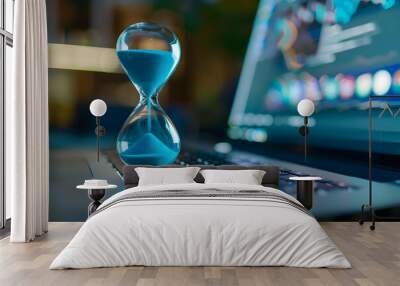 An hourglass with blue sand on the keyboard of an open laptop, symbolizing time management and online work during a day off Wall mural