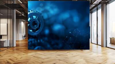 Blue mechanical gears in dark futuristic background, conveying technology, engineering, and industrial innovation. Wall mural