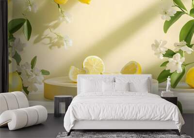 Bright yellow lemons on a wooden platform with fresh flowers, perfect for spring or summer themes in food photography. Wall mural