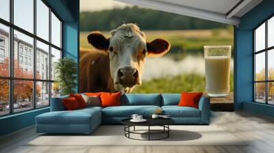 Close-up of a cow in a pasture next to a glass of fresh milk on a wooden table, with a scenic countryside background. Wall mural