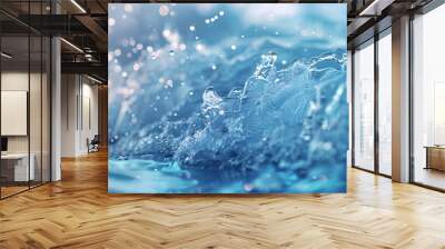 Close-up view of water splashes and droplets in motion, creating a dynamic and refreshing scene with a blue color palette. Wall mural