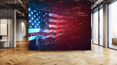 Digital American flag with futuristic tech elements and glowing stars and stripes, representing technology and patriotism. Wall mural