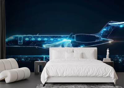 Digital illustration of a futuristic private jet aircraft in neon light, highlighting advanced aviation technology and modern design. Wall mural