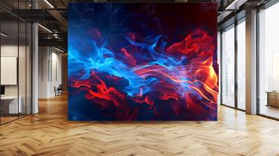 Dynamic soccer ball engulfed in red and blue flames, set against a dark background, symbolizing passion and energy in sports. Wall mural