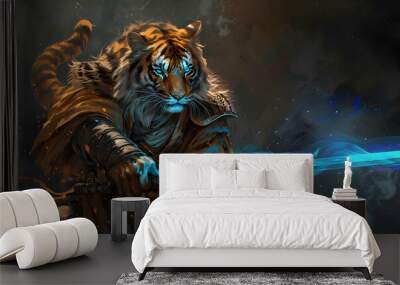 Fierce warrior tiger holding a glowing blue sword, surrounded by a dramatic and misty background, showcasing strength and power. Wall mural