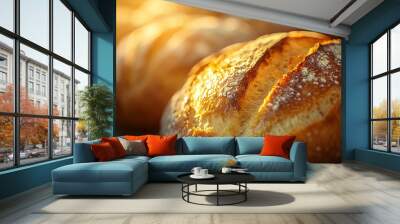 Freshly baked bread glowing in warm light, showcasing its golden crust and inviting texture, perfect for culinary inspiration. Wall mural