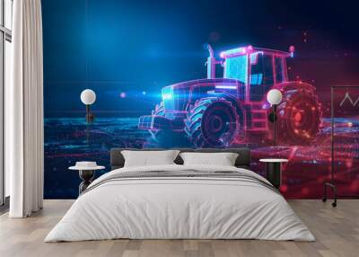 Futuristic tractor in a digital neon landscape, representing modern technology in agriculture and farming innovation. High tech farm equipment. Wall mural