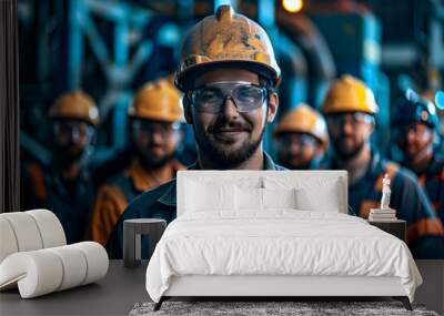 Group of confident industrial workers wearing safety gear in a factory, showcasing teamwork and professionalism in a manufacturing environment. Wall mural