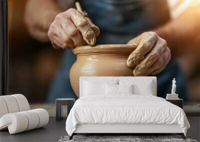 Hands shaping a clay pot on a pottery wheel, showcasing creativity and craftsmanship in pottery making. Wall mural