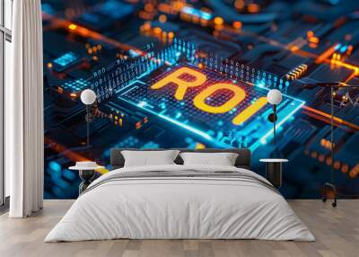 High-tech digital circuit board with glowing ROI text symbolizing return on investment in technology, business, and innovation. Wall mural